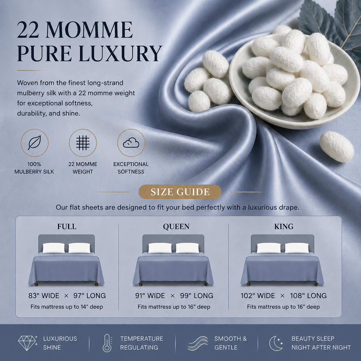 22 Momme Mulberry Silk Flat Sheet - 100% Real Silk, Grade 6A, Soft