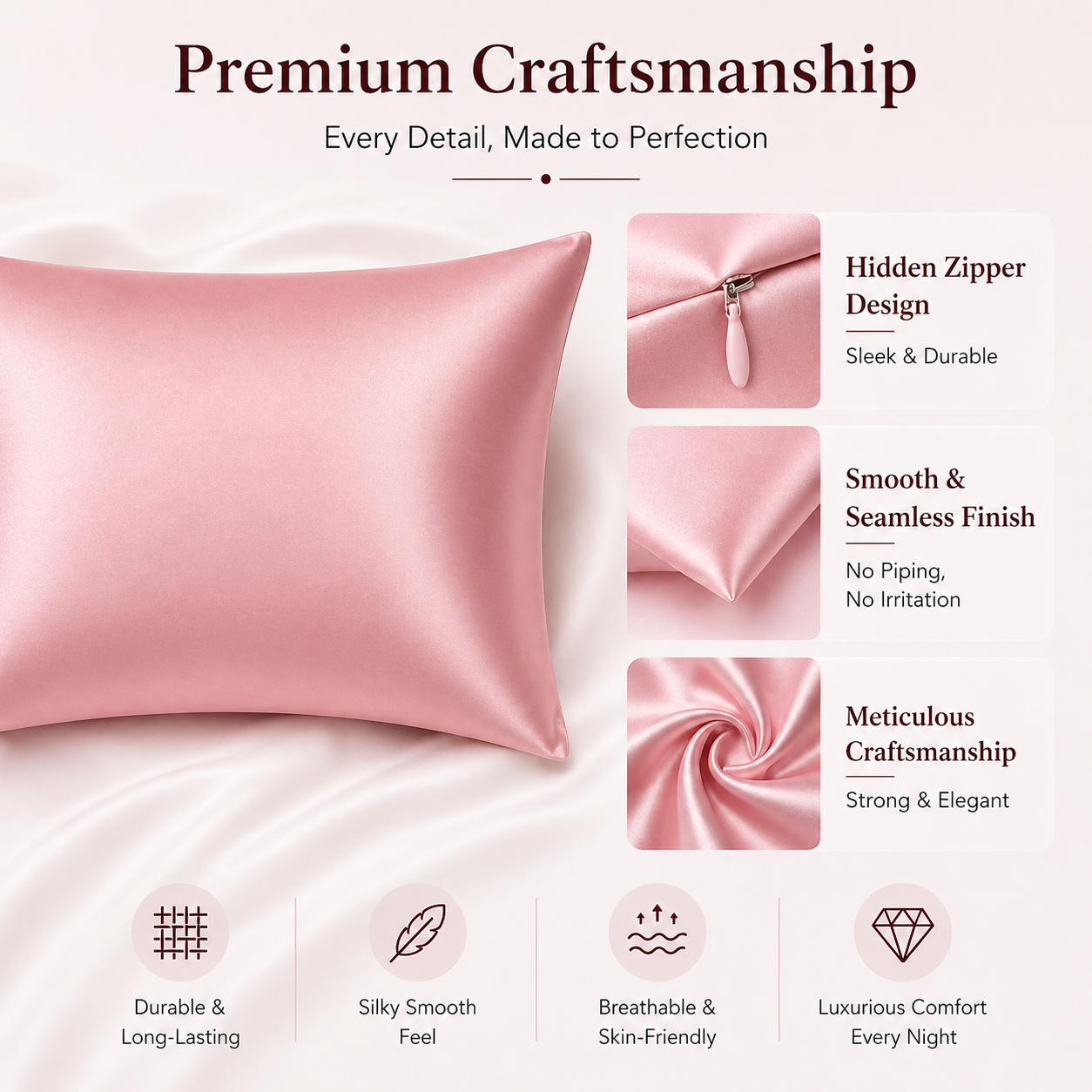 100% Mulberry Silk Pillowcase - 22 Momme, 6A, Made in USA