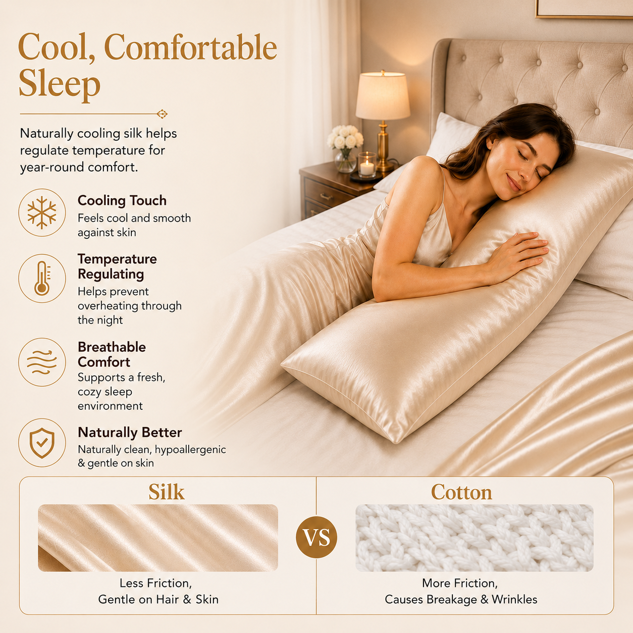 22 Momme Mulberry Silk Body Pillowcase, Grade 6A Pure Silk, Hidden Zipper, Cooling and Breathable, Hair and Skin Friendly, 20 x 54 Inches, USA