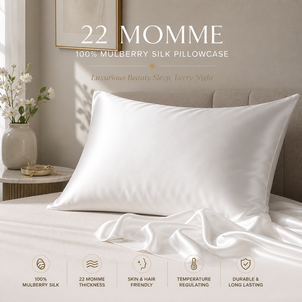 Pure Mulberry Silk Pillowcase - 22 Momme, 6A, Made in USA
