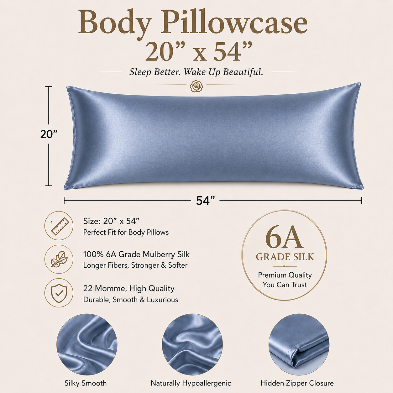 22 Momme Mulberry Silk Body Pillowcase, Grade 6A Pure Silk, Hidden Zipper, Cooling and Breathable, Hair and Skin Friendly, 20 x 54 Inches, USA