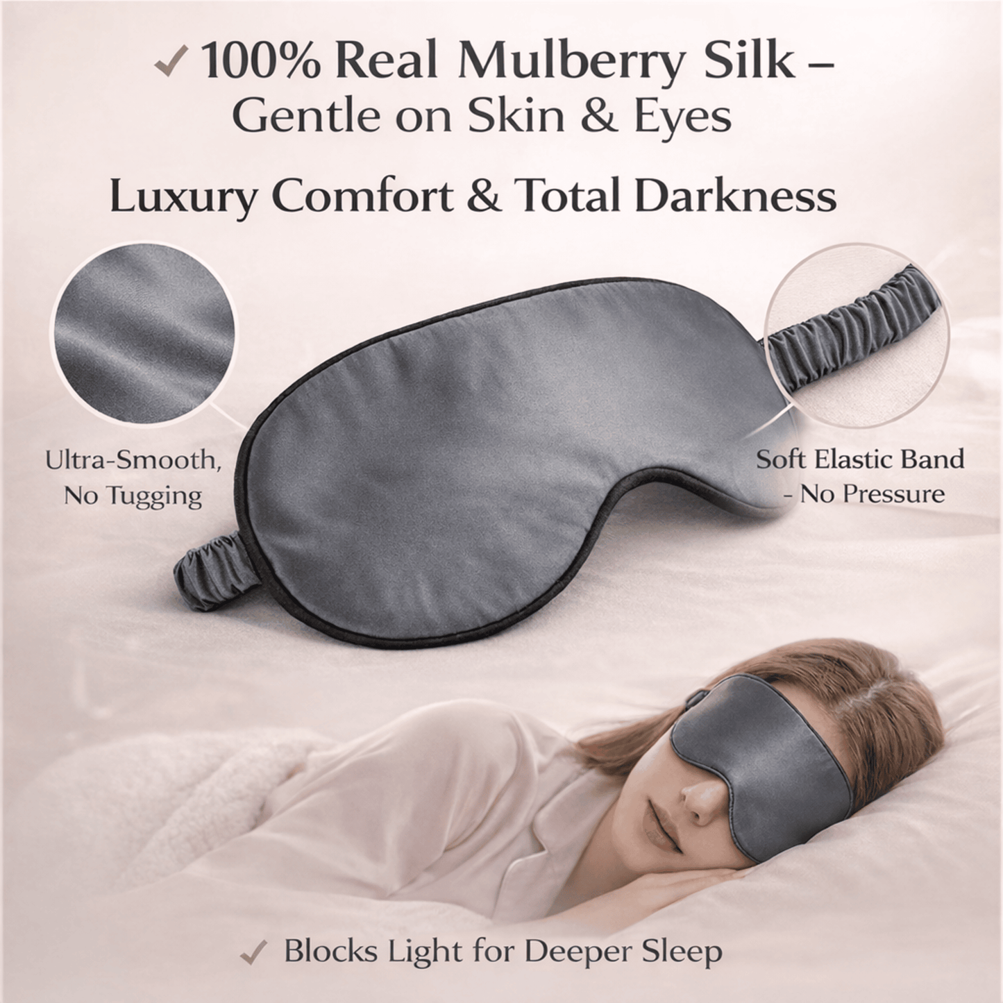 100% Mulberry Silk Sleep Mask - 22 Momme, Adjustable Blackout Eye Mask, Anti-Wrinkle & Anti-Aging, Luxury Travel Mask, Made in USA