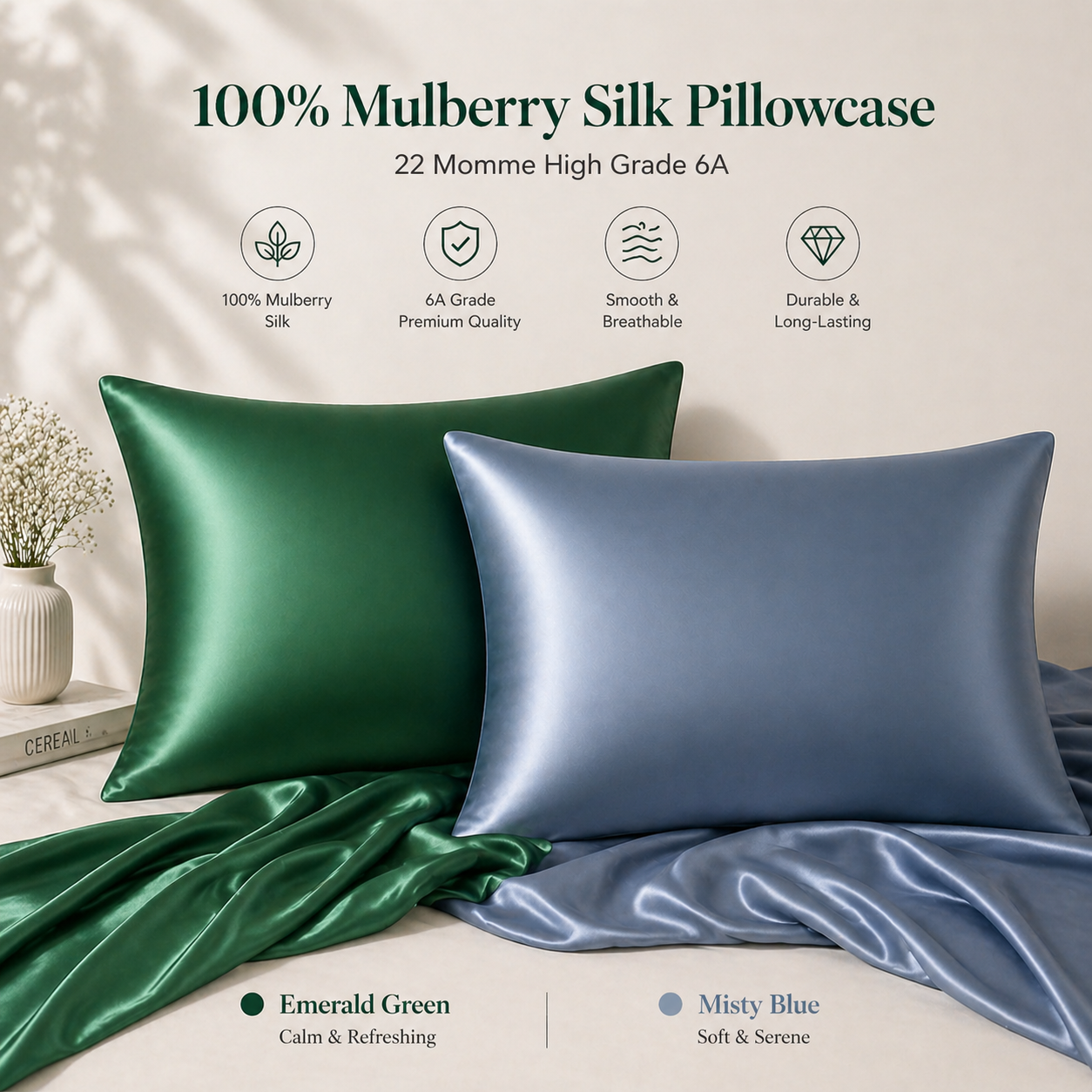 Organic Mulberry Silk Pillowcase - 22 Momme, 6A, Made in USA