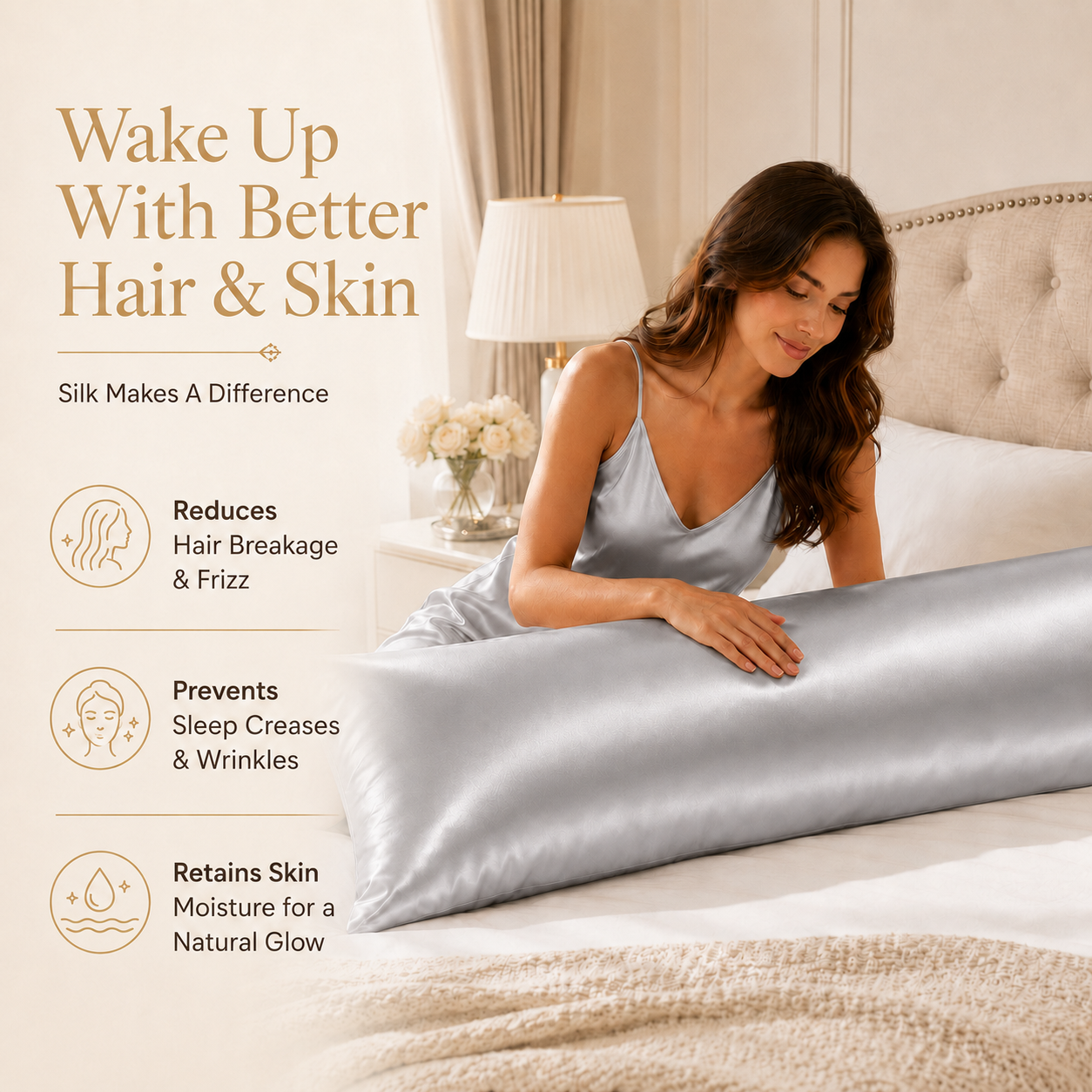 22 Momme Mulberry Silk Body Pillowcase, Grade 6A Pure Silk, Hidden Zipper, Cooling and Breathable, Hair and Skin Friendly, 20 x 54 Inches, USA
