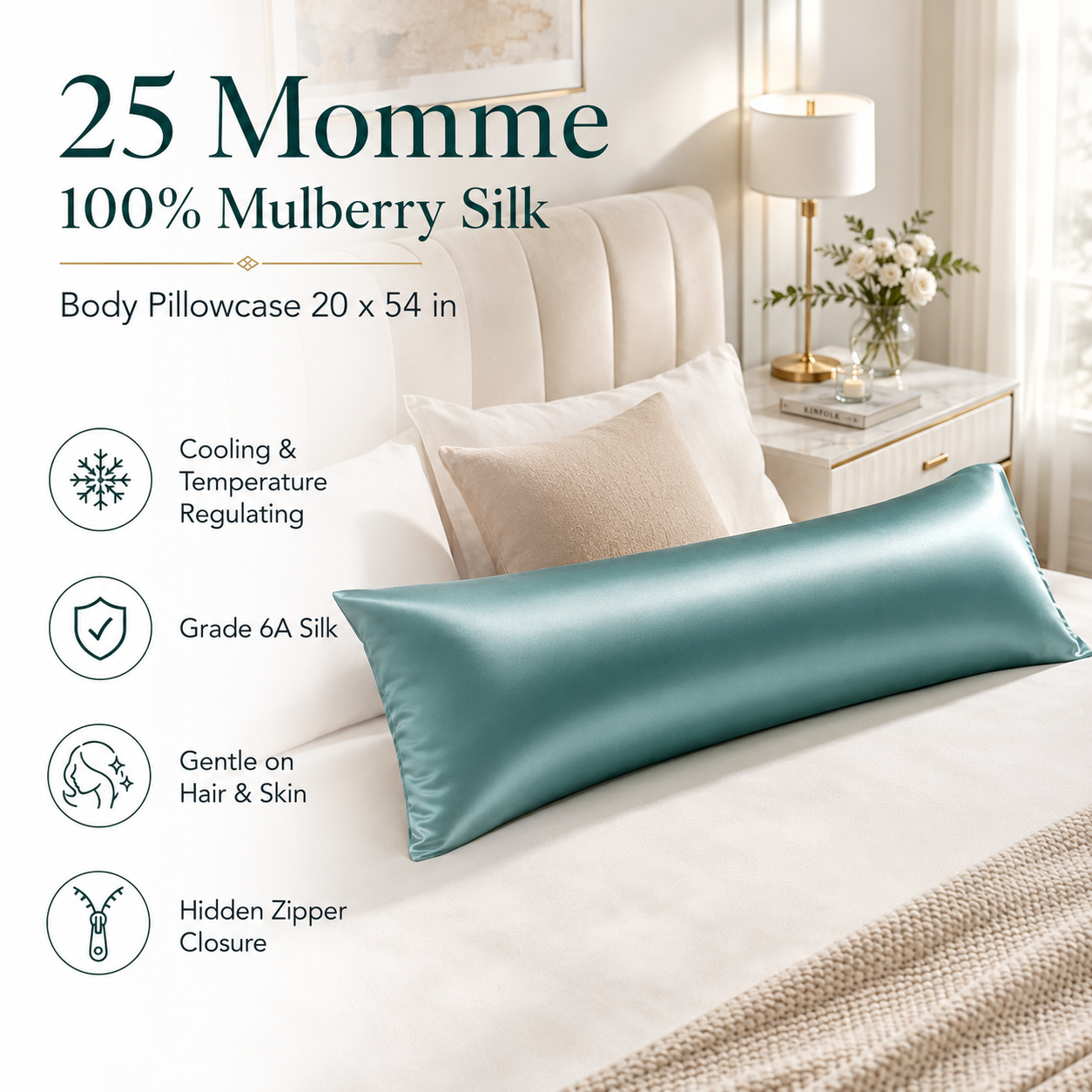 22 Momme Mulberry Silk Body Pillowcase, Grade 6A Pure Silk, Hidden Zipper, Cooling and Breathable, Hair and Skin Friendly, 20 x 54 Inches, USA