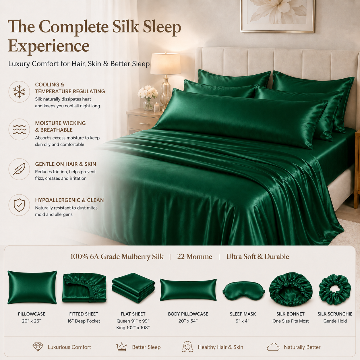 22 Momme Mulberry Silk Body Pillowcase, Grade 6A Pure Silk, Hidden Zipper, Cooling and Breathable, Hair and Skin Friendly, 20 x 54 Inches, USA