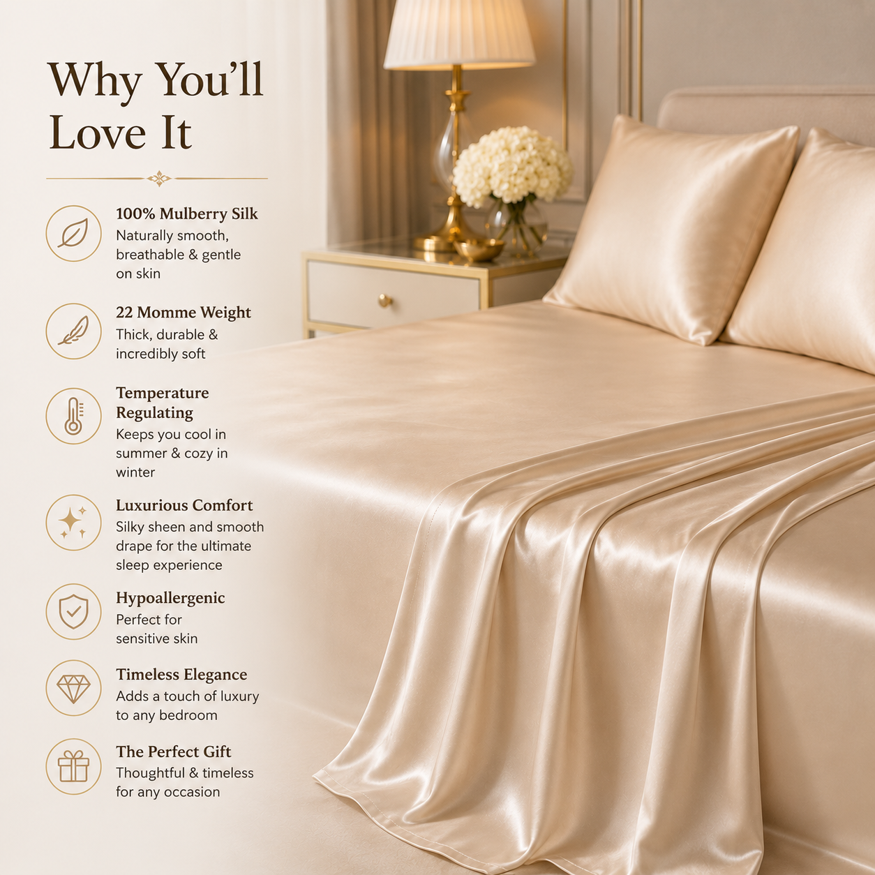 22 Momme Mulberry Silk Flat Sheet - 100% Real Silk, Grade 6A, Soft
