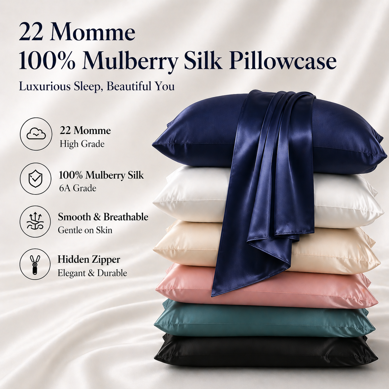Pure Mulberry Silk Pillowcase - 22 Momme, 6A, Made in USA