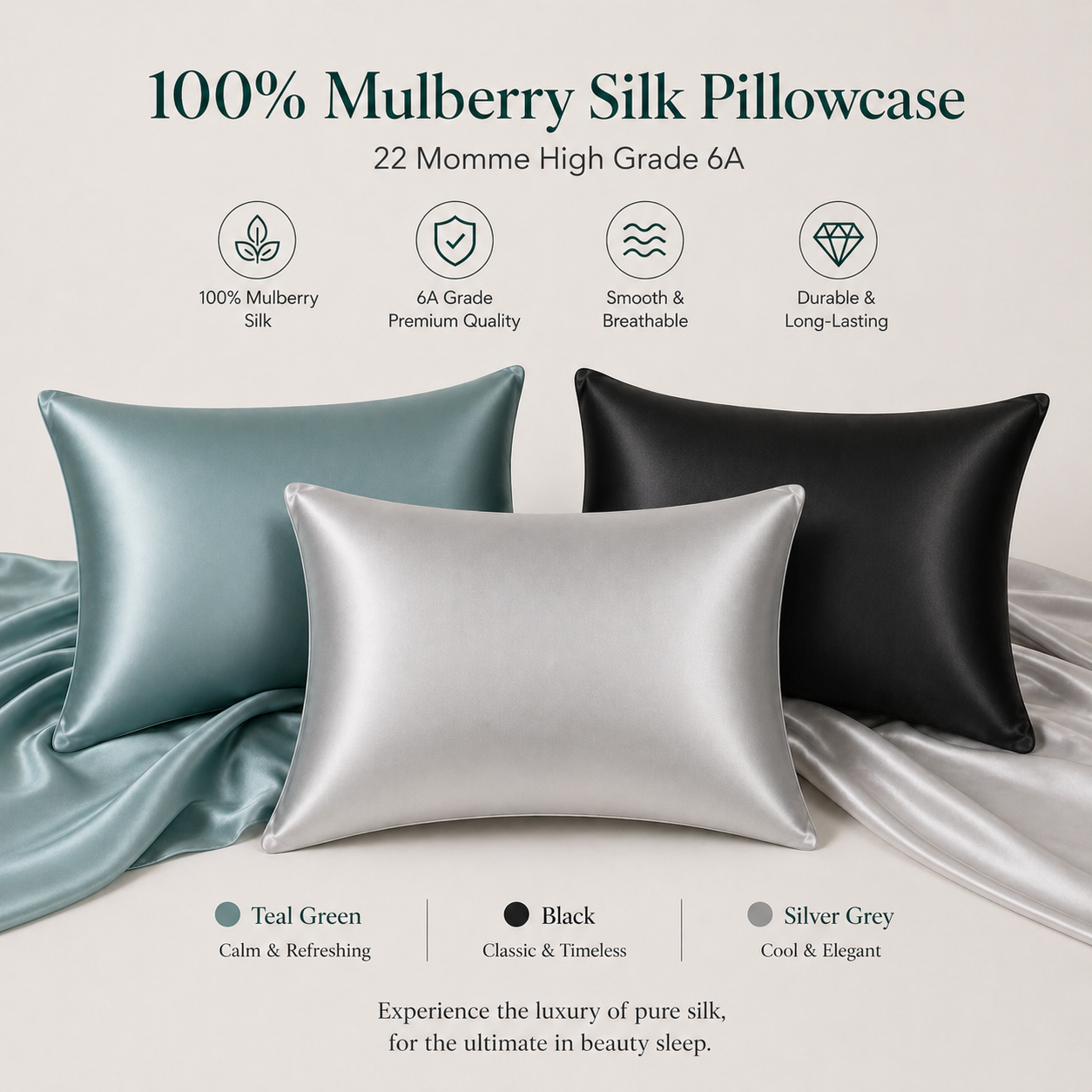 Premium Mulberry Silk Pillowcase - 22 Momme, 6A, Made in USA